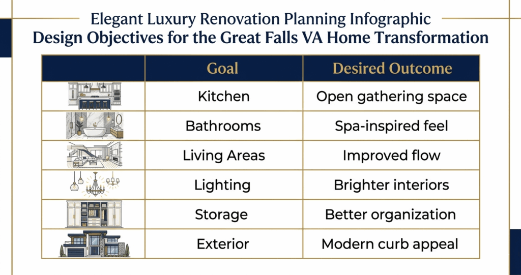 Full Home Renovation Before After Great Falls VA: Luxury Remodel Case Study (2026) 3 Full home renovation before after Great Falls VA luxury remodeling Great Falls VA design goals and renovation objectives