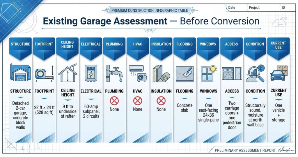ADU Garage Conversion Before After Arlington VA (2026): Full Project Breakdown 3 ADU garage conversion before after Arlington VA garage condition assessment and specifications table