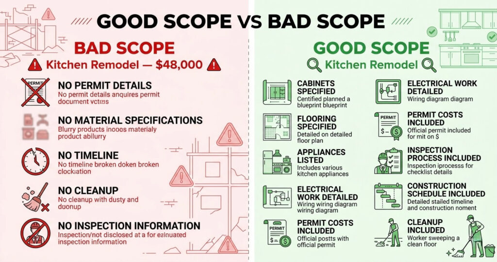 8 Remodeling Contractor Red Flags Northern Virginia Homeowners Must Know (2026 Guide) 5 Remodeling contractor red flags Northern Virginia scope of work comparison for home remodeling contractor Fairfax VA