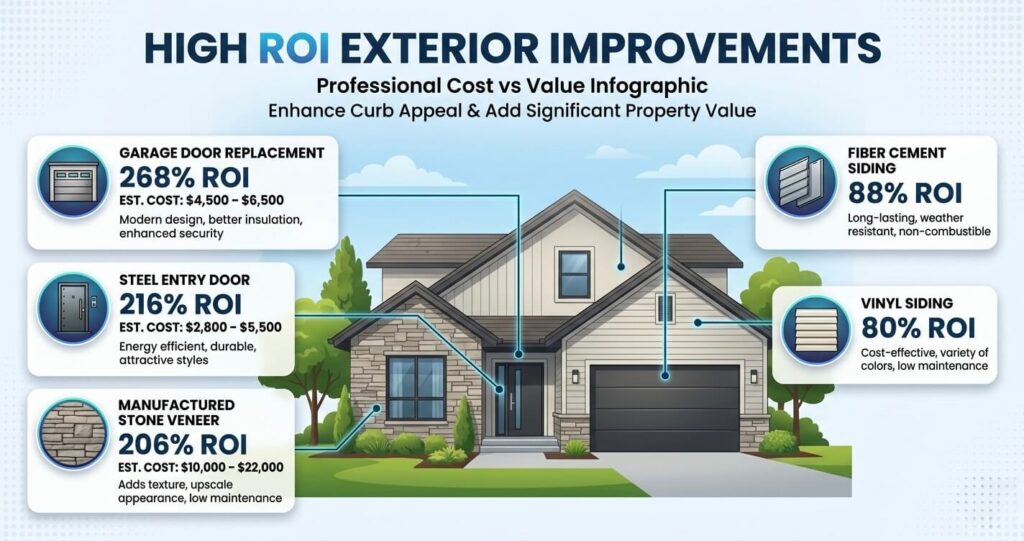 Best ROI home improvements Northern Virginia garage door replacement steel entry door stone veneer and siding ROI

