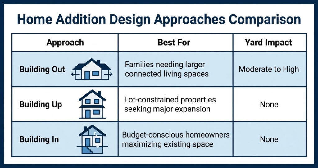 7 Practical Home Addition Design Ideas That Work 2 Home addition design ideas comparison table showing building up building out and building in approaches
