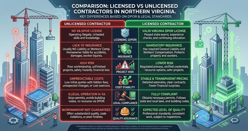 home renovation mistakes Northern Virginia licensed vs unlicensed contractor comparison

