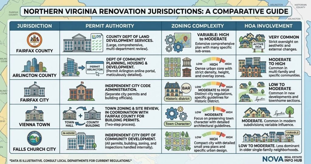home renovation mistakes Northern Virginia zoning jurisdictions Fairfax Arlington Vienna table

