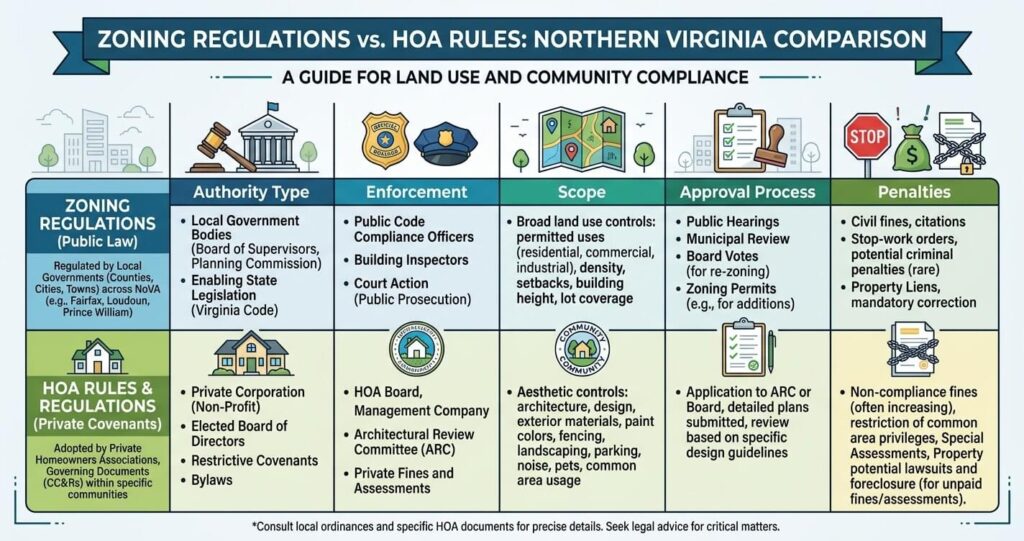 home renovation mistakes Northern Virginia zoning rules vs HOA requirements table

