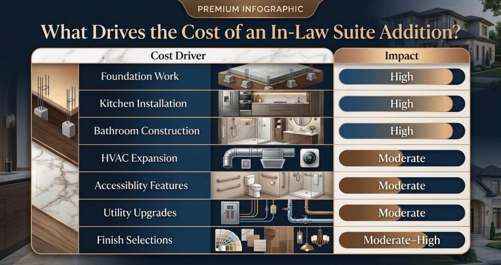 In-law suite addition cost Northern Virginia cost drivers including foundation kitchen bathroom HVAC and accessibility upgrades

