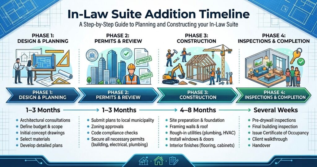 In-law suite addition cost Northern Virginia project timeline including design permitting construction and inspections

