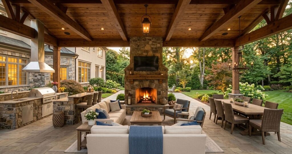 Patio Porch Addition Merrifield VA: Costs, Designs & Permits (2026 Guide) 10 Patio porch addition Merrifield VA luxury outdoor living space with covered patio outdoor kitchen fireplace and entertainment area