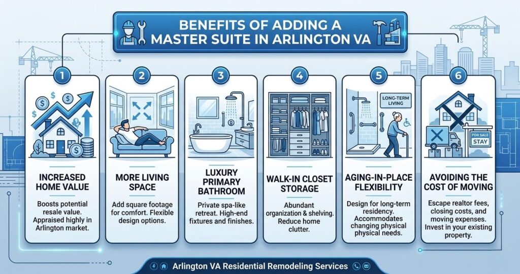 Master suite addition permit Arlington County VA benefits including home value increase, functionality, and lifestyle improvements

