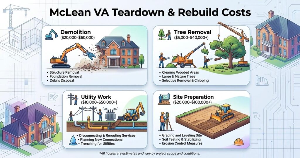 teardown rebuild cost McLean VA showing demolition tree removal utility work and site preparation costs Fairfax County 2026
