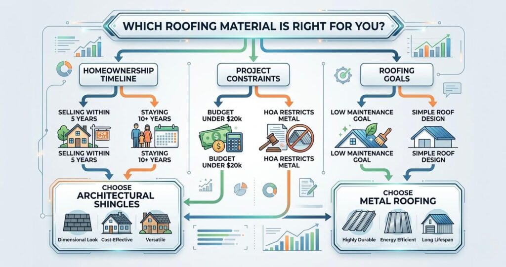 Metal Roofing vs Architectural Shingles Falls Church VA 9 metal roofing vs architectural shingles Falls Church VA decision framework helping homeowners choose the best roofing material based on budget lifespan and ROI