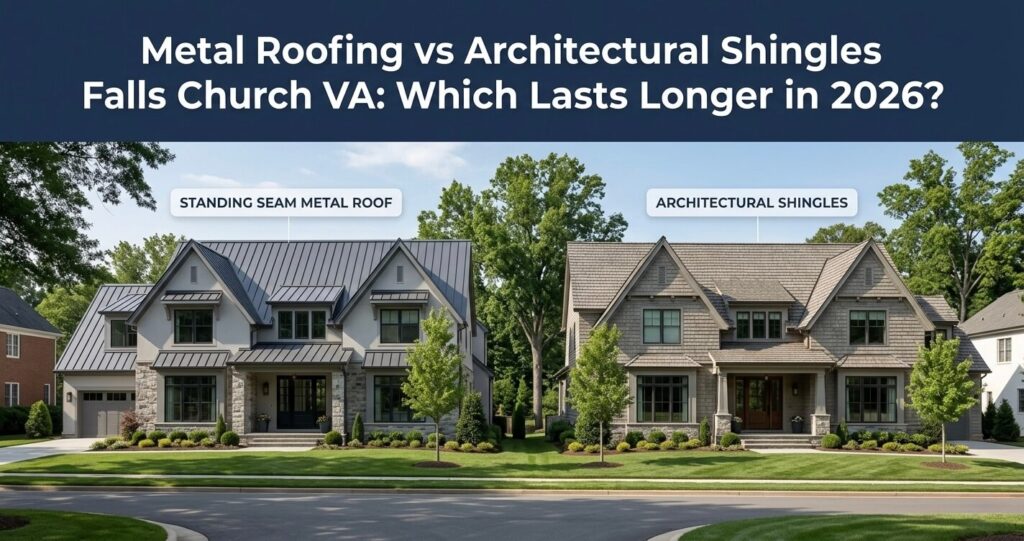 metal roofing vs architectural shingles Falls Church VA comparison showing standing seam metal roofing and architectural shingles on Northern Virginia homes