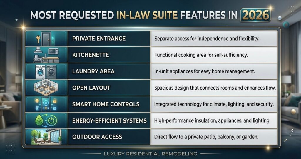 Most requested in-law suite features in Northern Virginia including private entrance kitchenette laundry smart home controls and energy efficiency

