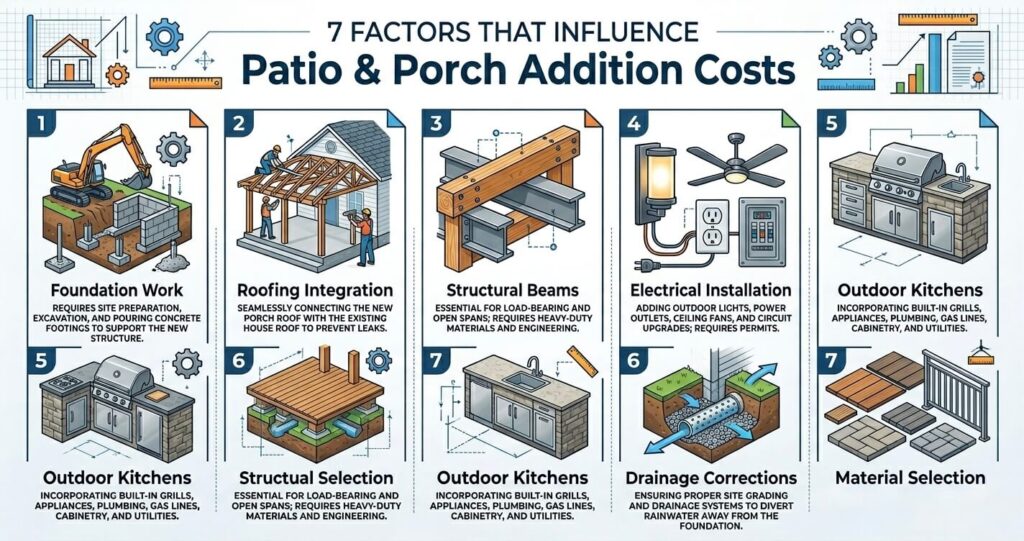 Patio Porch Addition Merrifield VA: Costs, Designs & Permits (2026 Guide) 5 Patio porch addition Merrifield VA cost factors including foundation work roofing integration drainage and outdoor kitchens