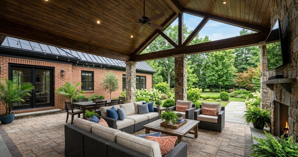 Patio porch addition Merrifield VA featuring a covered outdoor living space, custom porch design, and luxury Northern Virginia backyard renovation