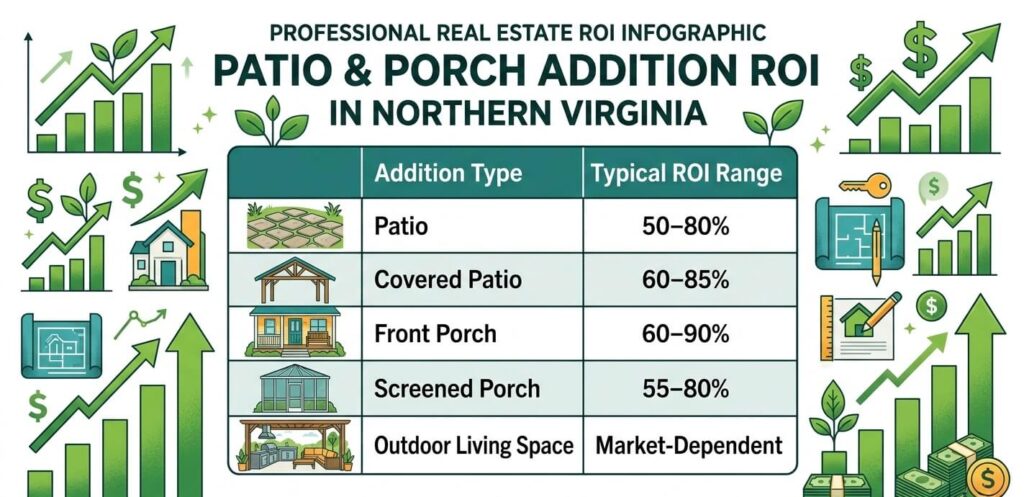 Patio Porch Addition Merrifield VA: Costs, Designs & Permits (2026 Guide) 8 Patio porch addition Merrifield VA return on investment table for patios covered porches screened porches and outdoor living spaces
