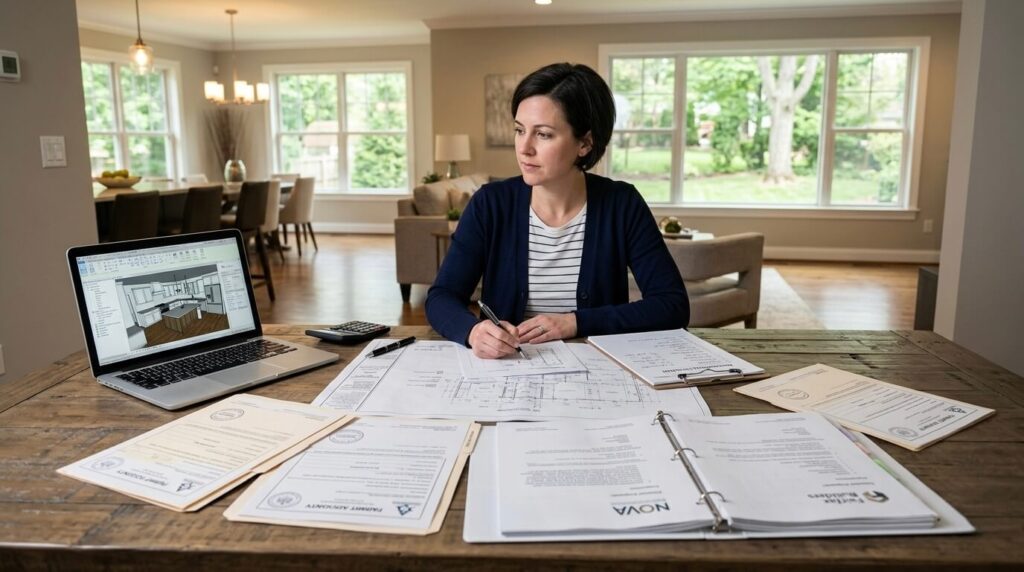 8 Remodeling Contractor Red Flags Northern Virginia Homeowners Must Know (2026 Guide) 1 Remodeling contractor red flags Northern Virginia guide showing homeowner reviewing contractor estimates, permits and renovation plans