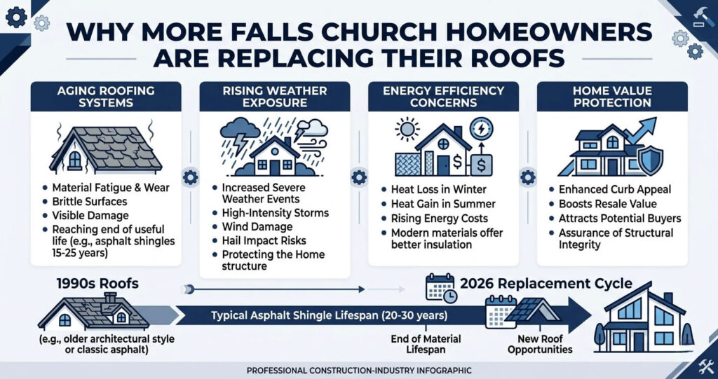 Metal Roofing vs Architectural Shingles Falls Church VA 2 roof replacement trends Falls Church VA 2026 infographic showing aging roofing systems energy efficiency concerns and home value protection