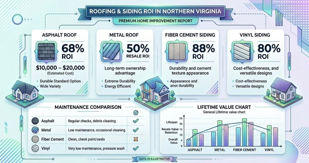 Best ROI home improvements Northern Virginia roofing replacement asphalt shingles metal roofing and siding comparison

