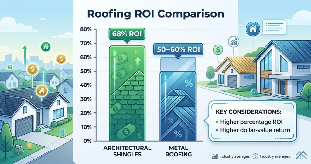 Metal Roofing vs Architectural Shingles Falls Church VA 7 metal roofing vs architectural shingles Falls Church VA ROI comparison showing resale value recovery and long term investment performance