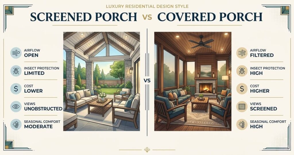 covered porch design ideas Annandale VA screened porch vs covered porch comparison outdoor living Northern Virginia

