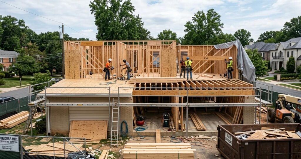 Second Story Addition McLean VA: 2026 Case Study 5 Second story addition McLean VA framing stage during second floor construction