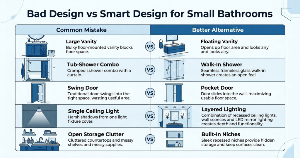 Small Bathroom Design Ideas Arlington VA: Space-Smart Layouts & Finishes for 2026 2 small bathroom design ideas Arlington VA comparison showing bad bathroom design versus smart space-saving layout