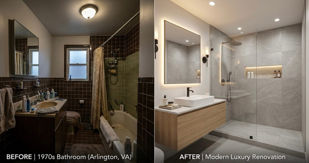 Small Bathroom Design Ideas Arlington VA: Space-Smart Layouts & Finishes for 2026 10 small bathroom design ideas Arlington VA before and after renovation with floating vanity walk-in shower and modern finishes