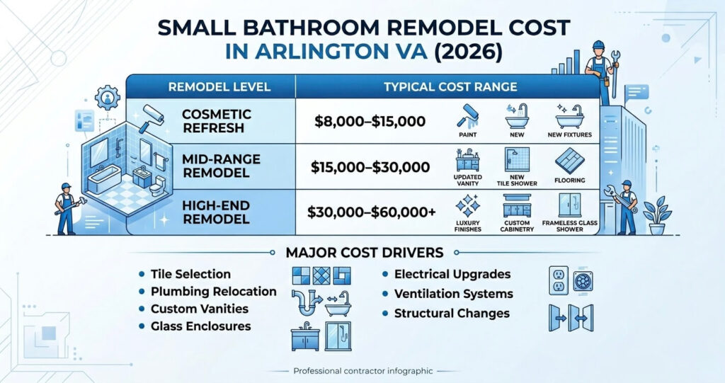 Small Bathroom Design Ideas Arlington VA: Space-Smart Layouts & Finishes for 2026 6 small bathroom remodel Arlington VA cost guide showing cosmetic refresh mid-range and luxury remodel pricing
