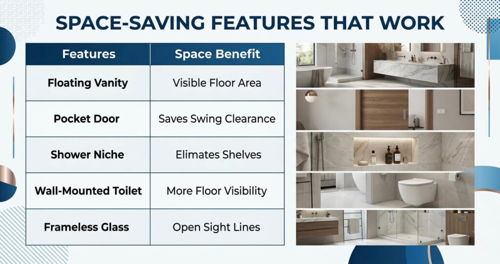 Small Bathroom Design Ideas Arlington VA: Space-Smart Layouts & Finishes for 2026 4 small bathroom design ideas Arlington VA showing floating vanity pocket door shower niche and frameless glass shower