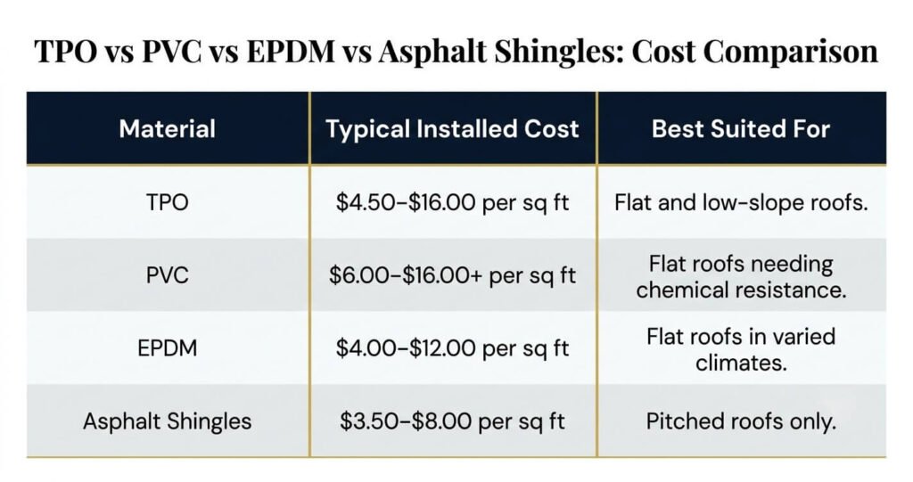 TPO roofing cost Northern Virginia vs PVC EPDM asphalt shingles comparison