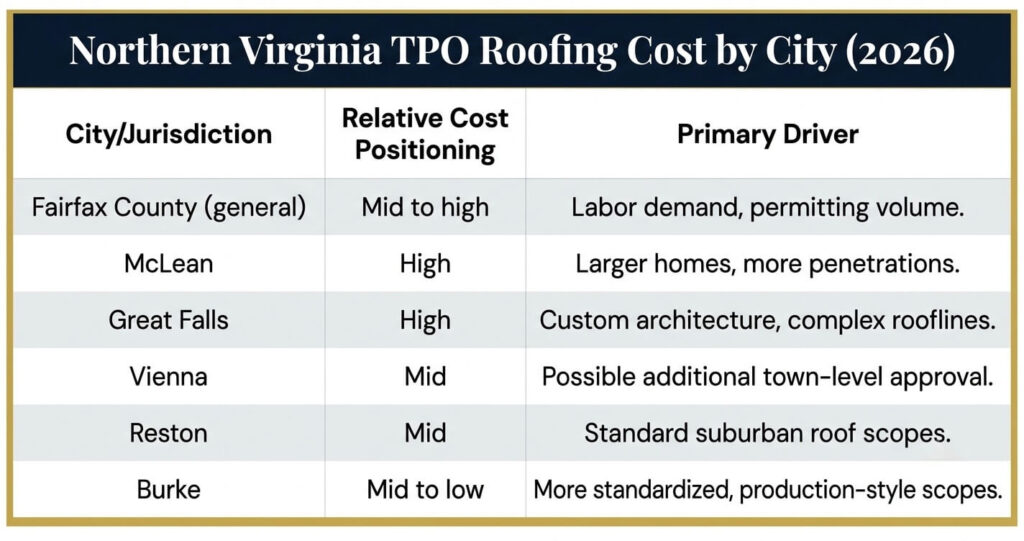 TPO roofing cost Northern Virginia city comparison Fairfax County McLean Vienna Placement
