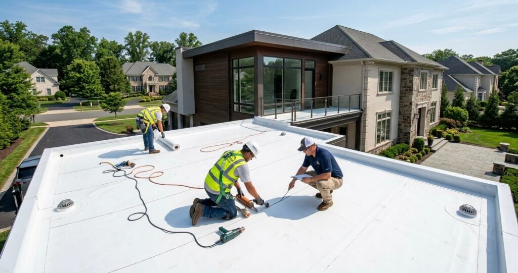 TPO roofing Northern Virginia installation on modern flat roof home addition

