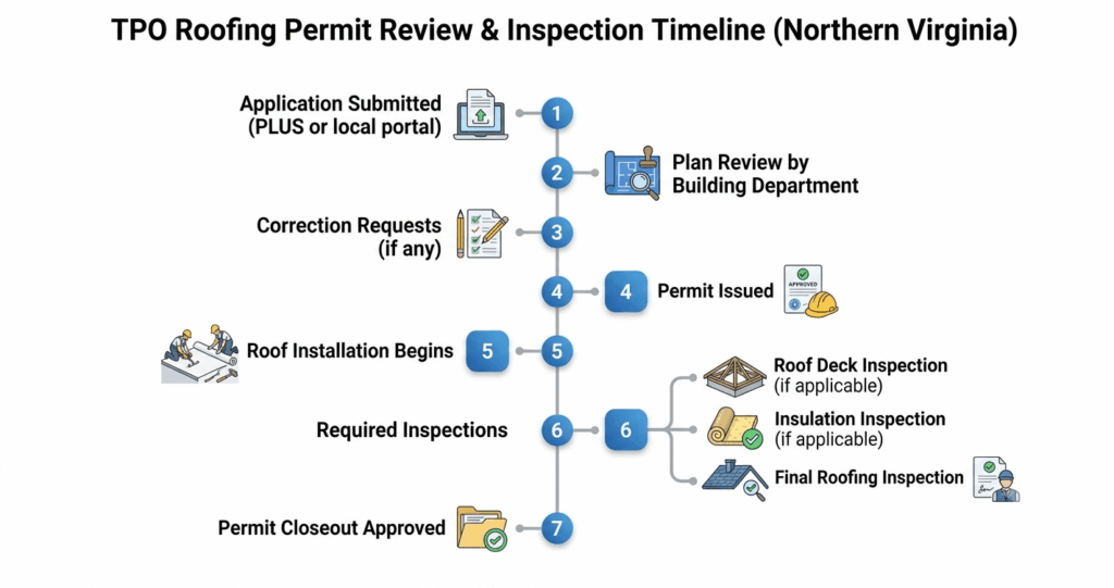 TPO Roofing Permit Northern Virginia inspection timeline showing plan review permit issuance roof inspection and permit closeout process

