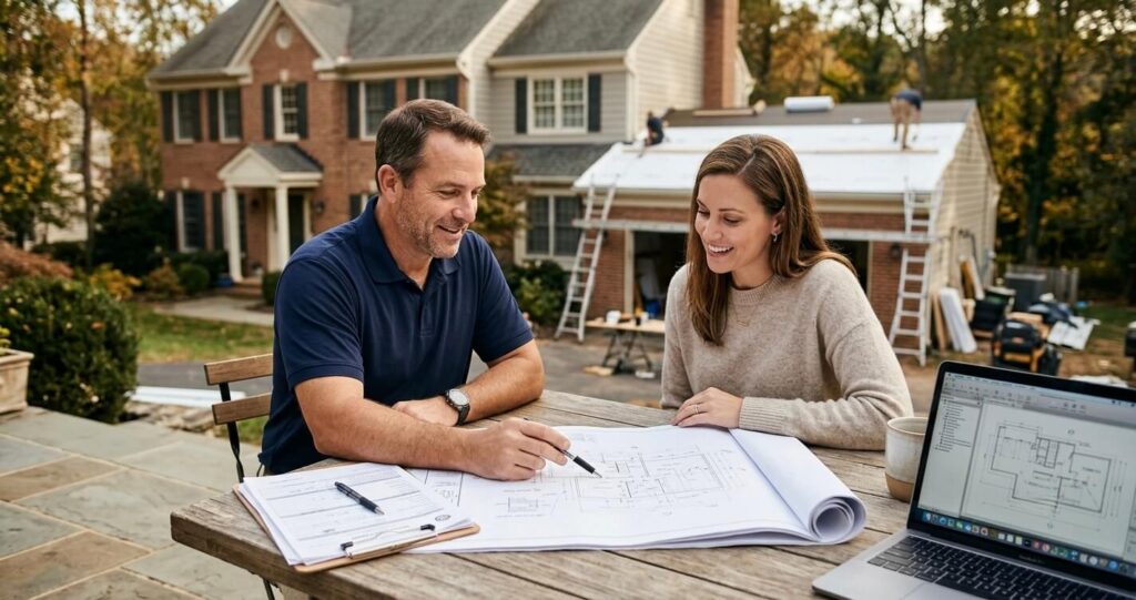 TPO Roofing Permit Northern Virginia contractor explaining permit documents to homeowner before roof installation approval

