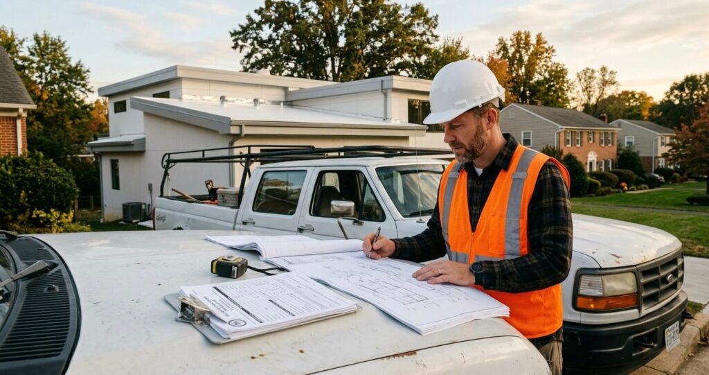 TPO Roofing Permit Northern Virginia contractor reviewing permit documents before flat roof installation in Fairfax County Virginia