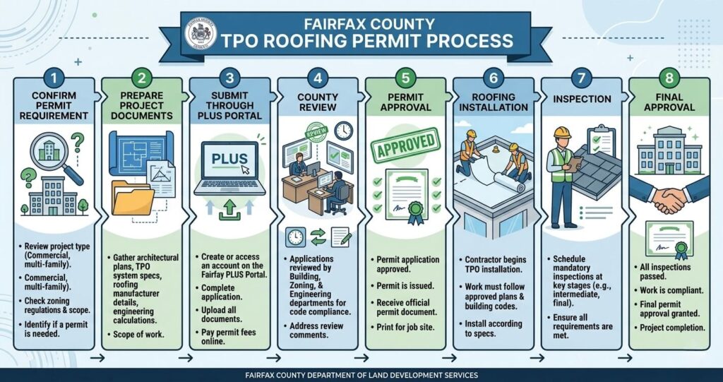 TPO roofing Northern Virginia permit process Fairfax County infographic

