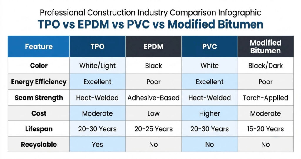 TPO roofing Northern Virginia versus EPDM roofing comparison table

