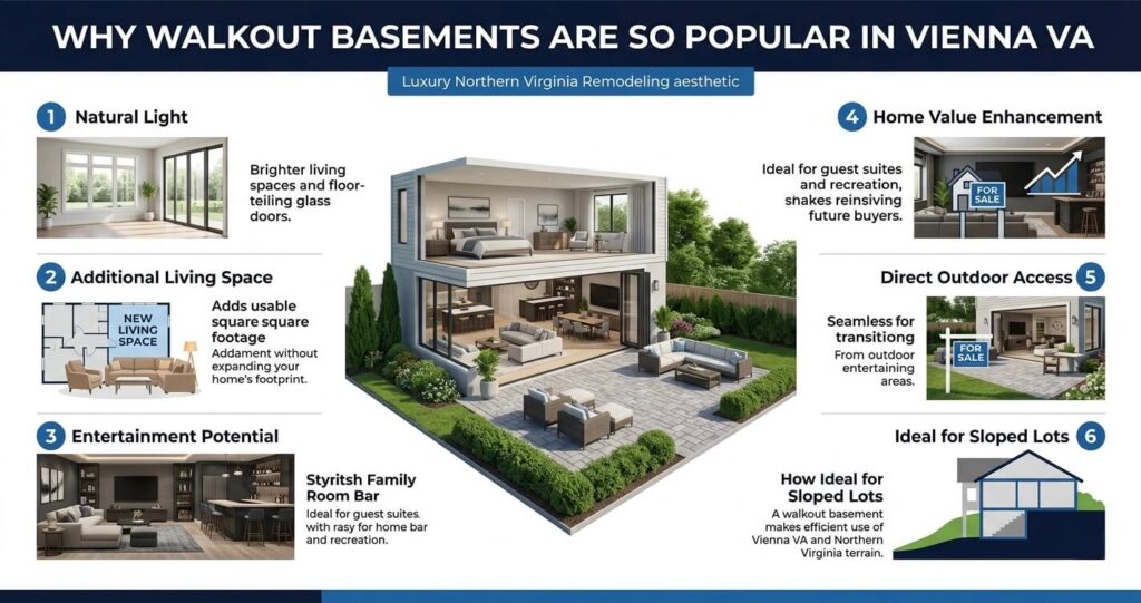 walkout basement mistakes Vienna VA infographic showing natural light, home value benefits, and walkout basement renovation Vienna VA advantages