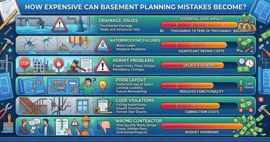 Walkout Basement Mistakes Vienna VA (2026 Guide) 9 walkout basement mistakes Vienna VA cost impact comparison chart showing basement renovation errors and repair costs