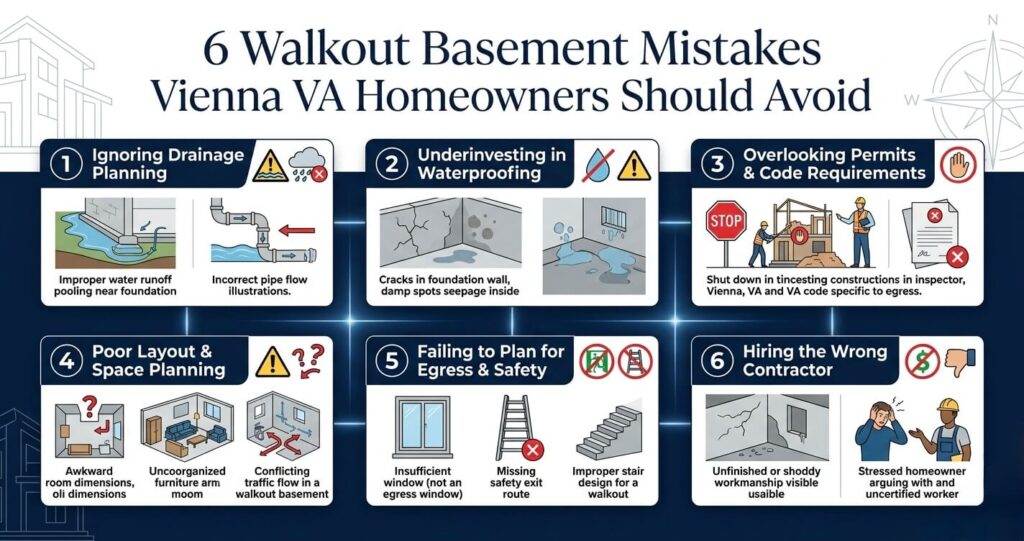 Walkout Basement Mistakes Vienna VA (2026 Guide) 2 walkout basement mistakes Vienna VA overview graphic showing six basement renovation errors Northern Virginia homeowners should avoid