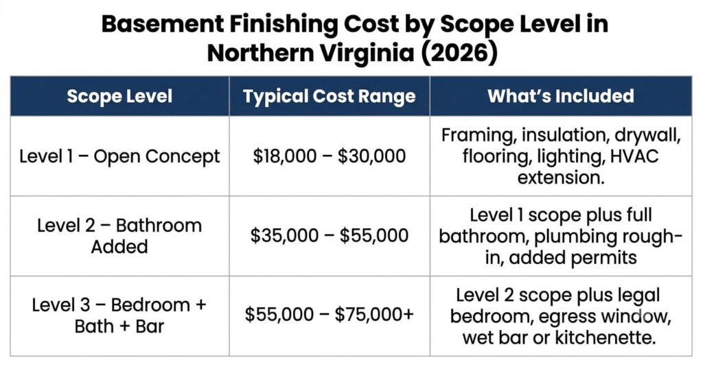 Basement finishing cost Northern Virginia by scope level 2026 table