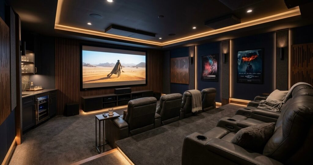 Finished basement media room Northern Virginia home theater design