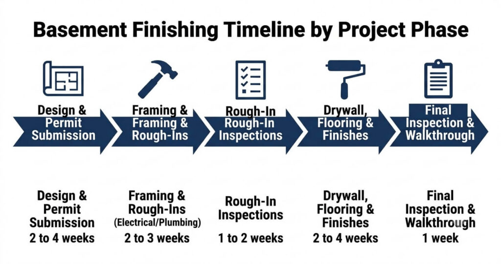 Basement finishing timeline Northern Virginia project phases 2026
