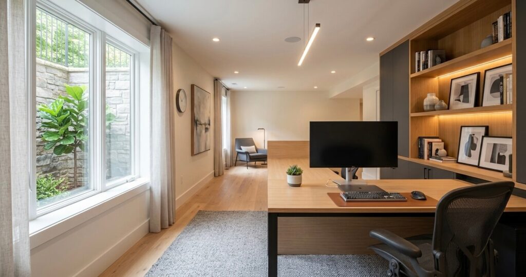 basement home office design ideas Fairfax VA modern workspace with natural light and desk setup