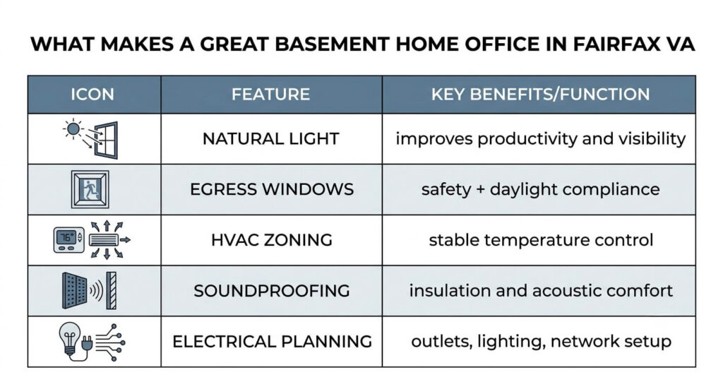 basement home office design ideas Fairfax VA key success factors table natural light HVAC soundproofing

