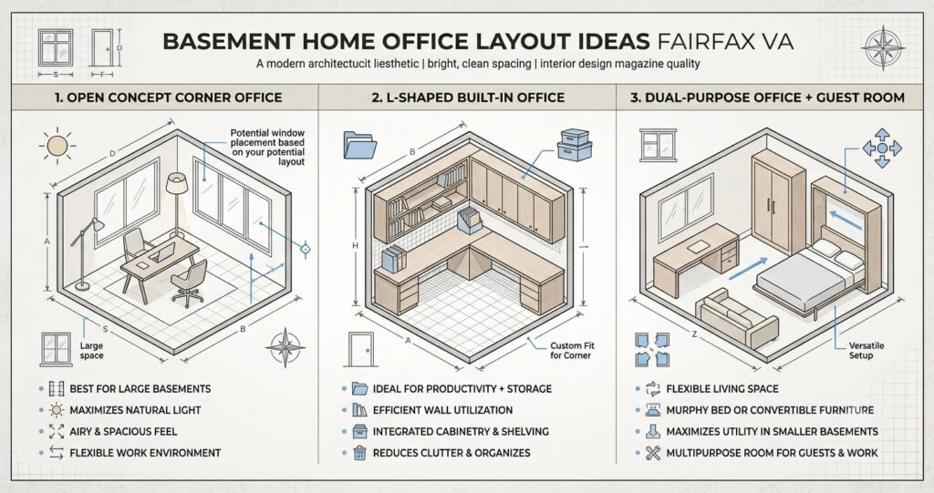 basement office ideas Northern Virginia layout options open concept L shaped guest office

