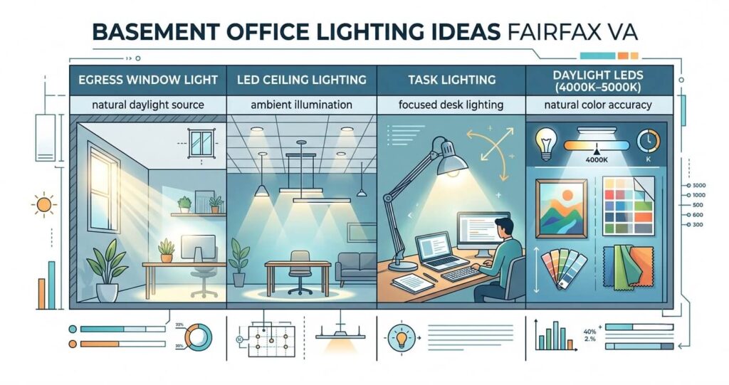 basement office lighting ideas Fairfax VA layered lighting egress LED task lighting

