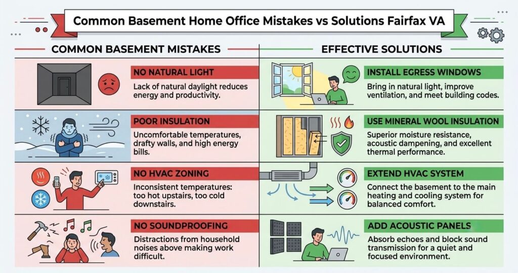 basement home office mistakes Fairfax VA common errors lighting insulation HVAC soundproofing fixes

