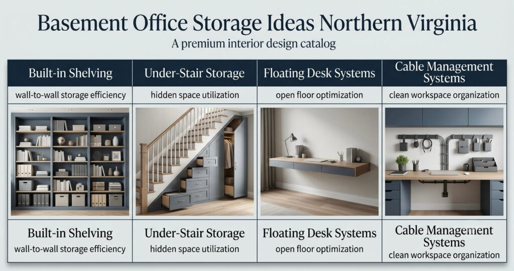 basement office storage ideas Northern Virginia built-in shelving floating desk under stair storage

