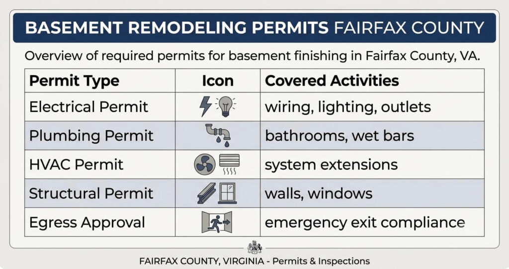 basement remodeling permits Fairfax County electrical plumbing HVAC egress requirements

